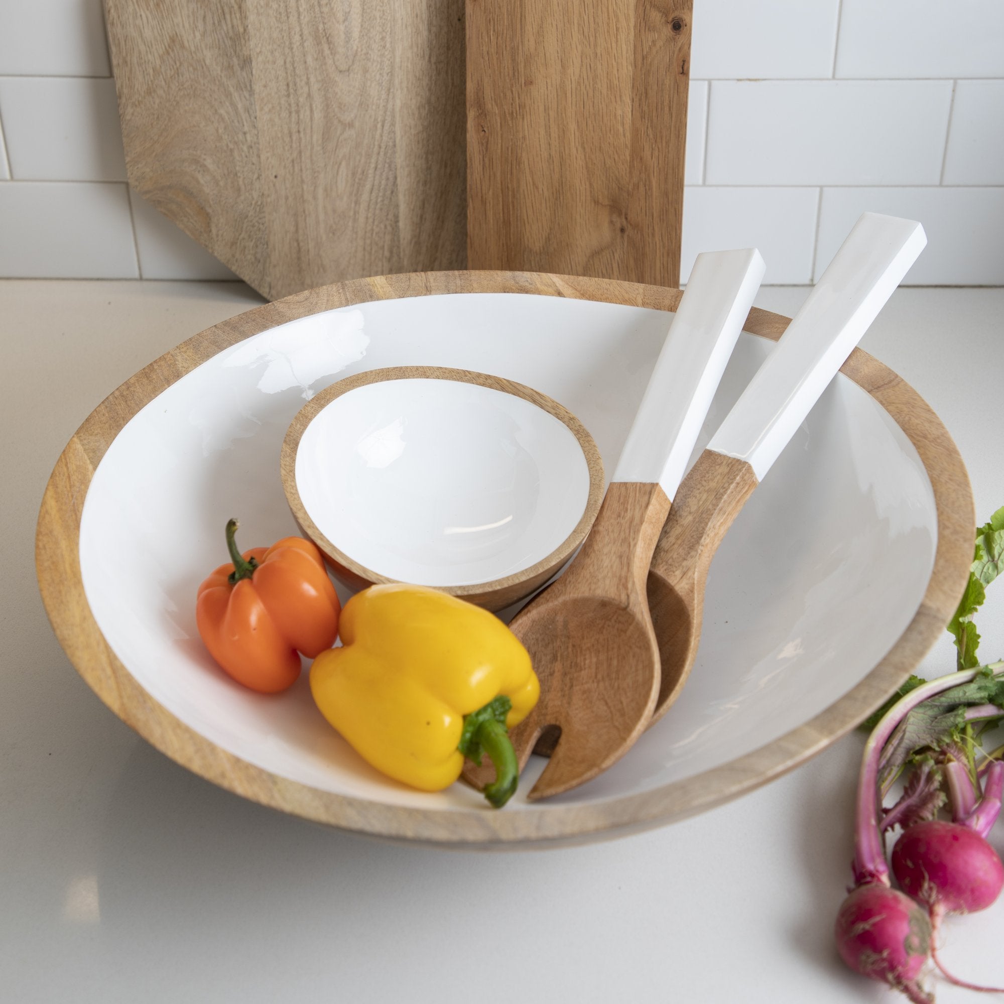 Mango Wood & White Enamel Serving Set