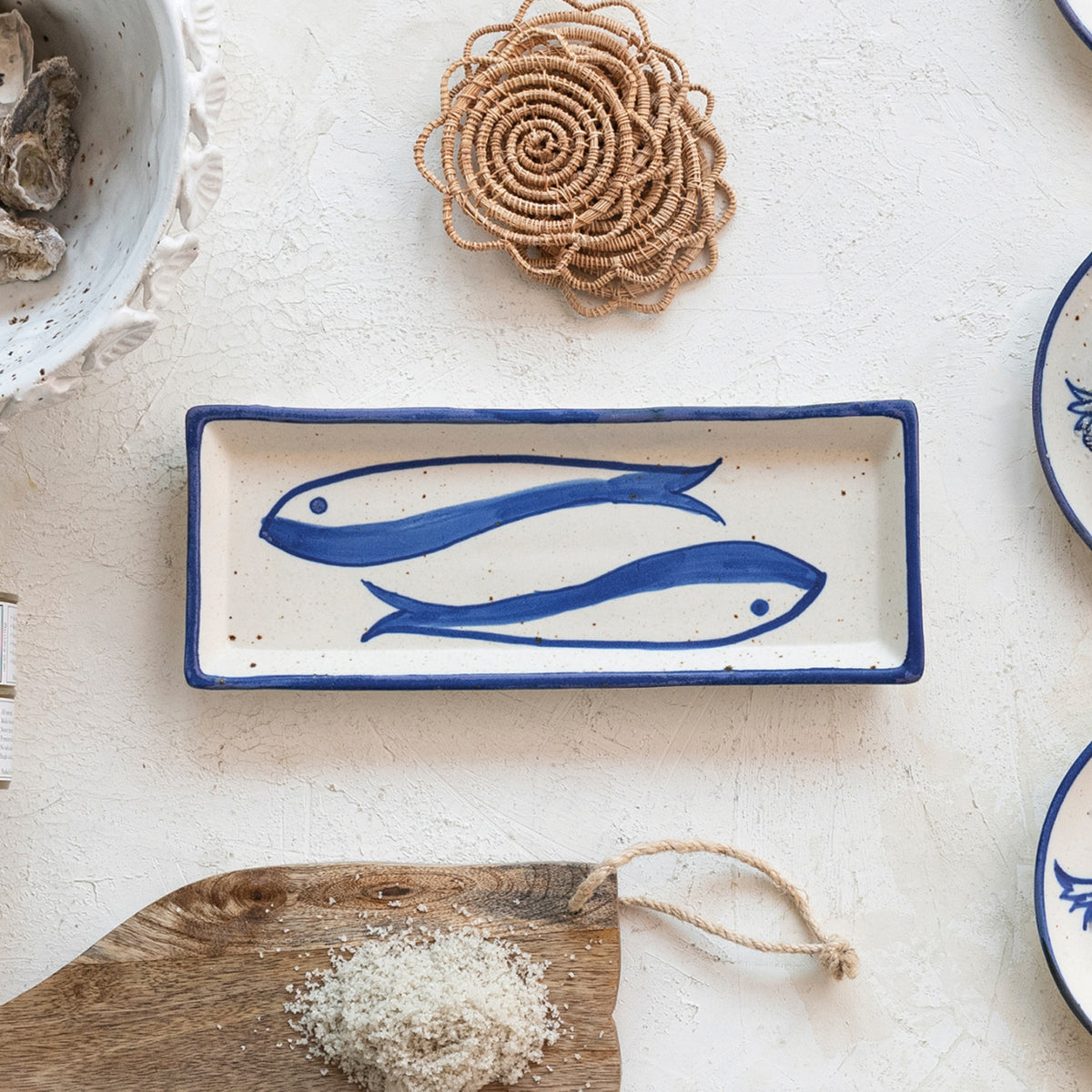 Hand-Painted Stoneware Plate with Fish, Blue &amp; Cream