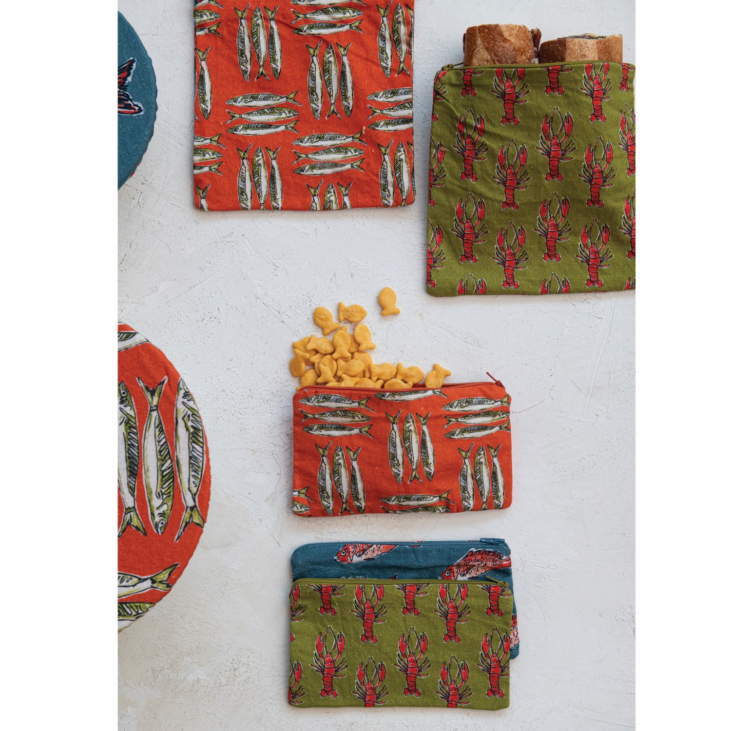 Printed Zip Pouch with Sea Life & Interior Coating, Multi Color, 3 Styles