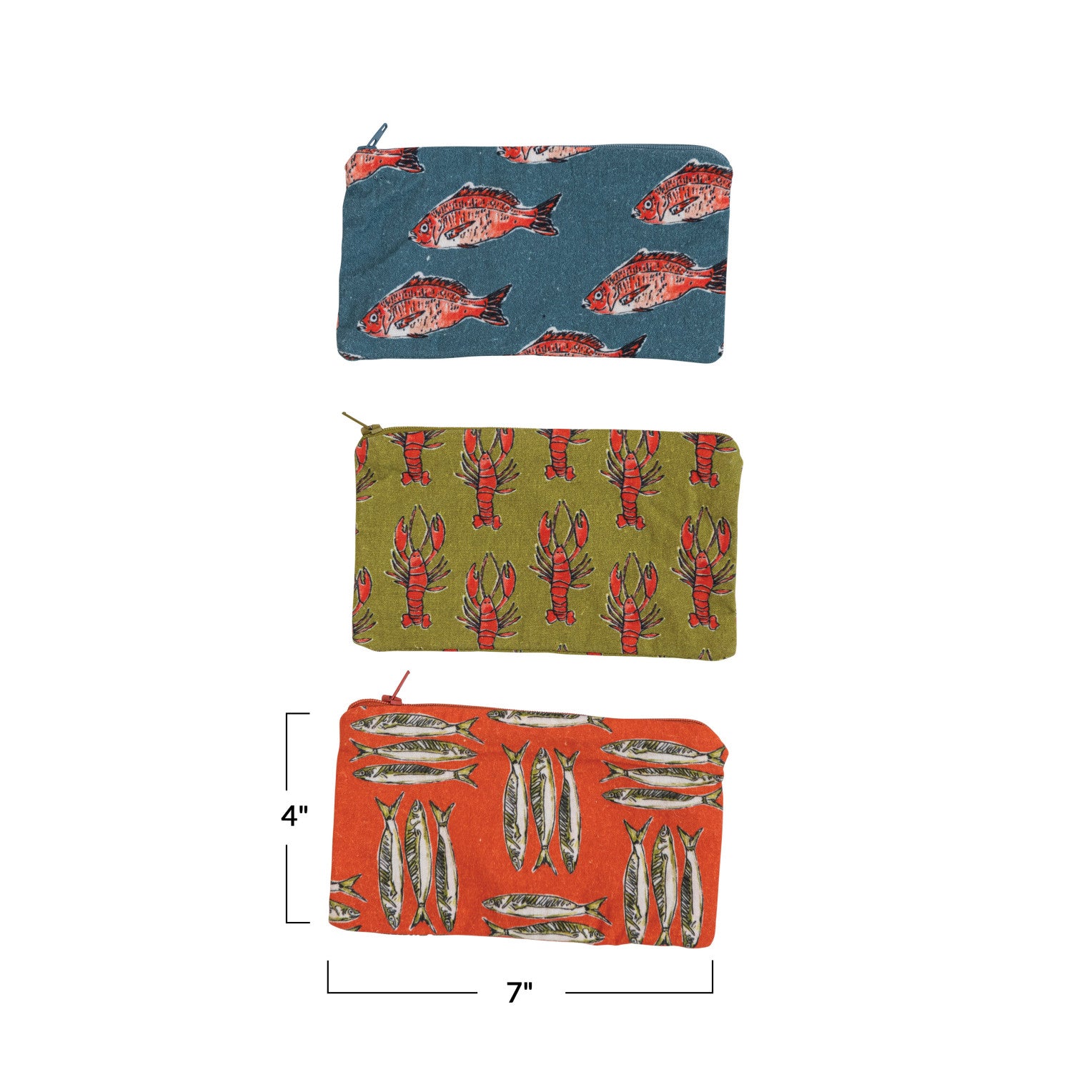 Printed Zip Pouch with Sea Life & Interior Coating, Multi Color, 3 Styles