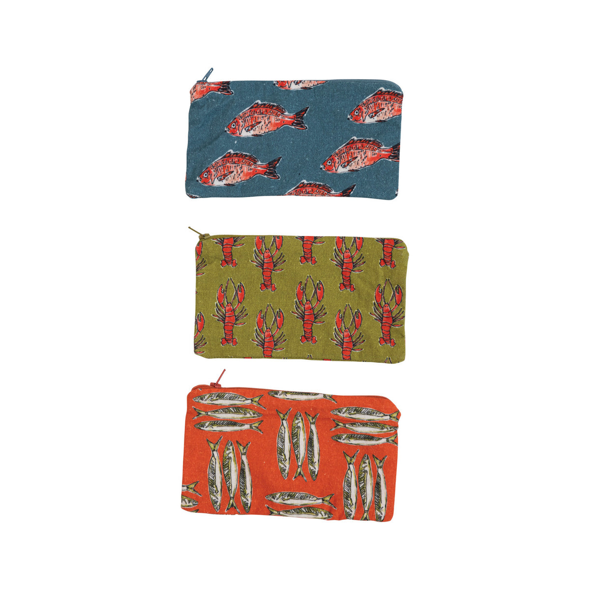 Printed Zip Pouch with Sea Life &amp; Interior Coating, Multi Color, 3 Styles
