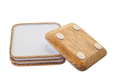 SET OF 4 MANGO WOOD W/ ENAMEL COASTERS - WHITE