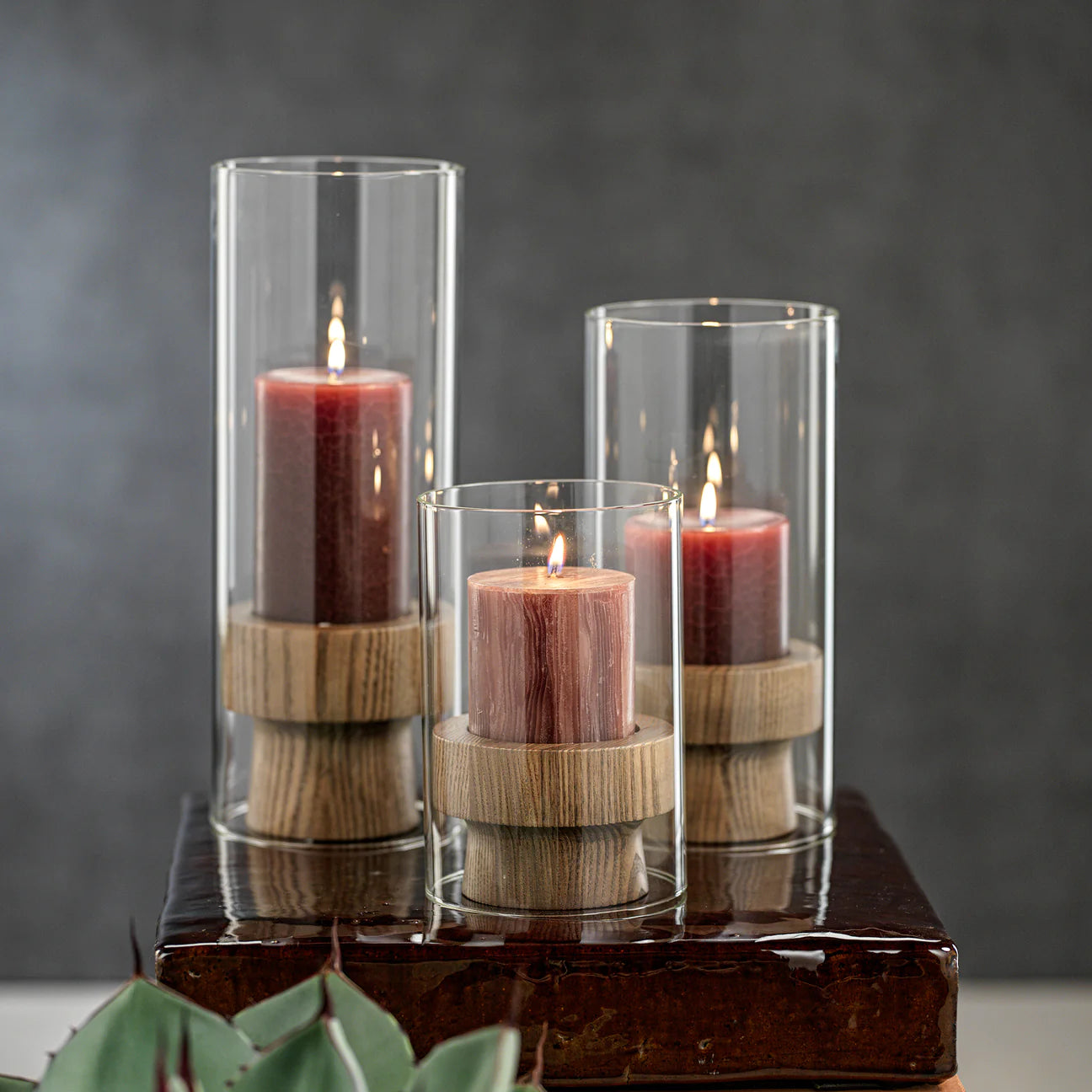 West Indies Pillar Holder on Ash Wood Base with Glass Hurricane