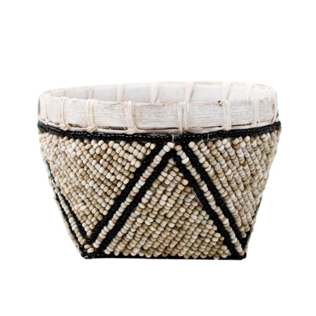 Beaded Basket: Natural/Black Trim