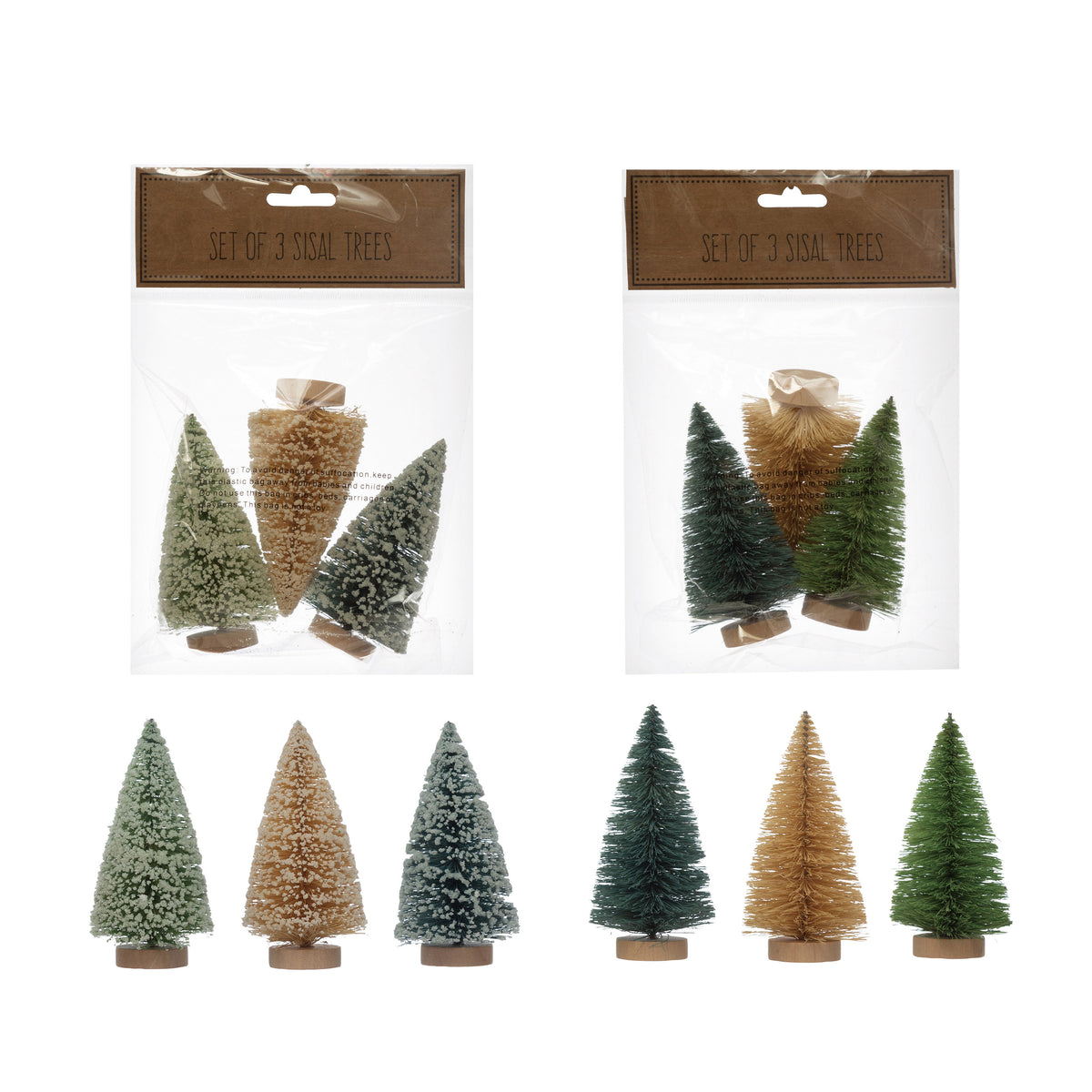 2&quot; Round x 4&quot;H Sisal Bottle Brush Trees in Bag, Multi Color, Set of 3, 2 Finishes