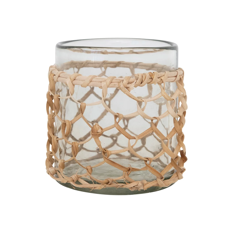 Glass Rattan Wrapped Votive Holder with Woven Rattan Sleeve
