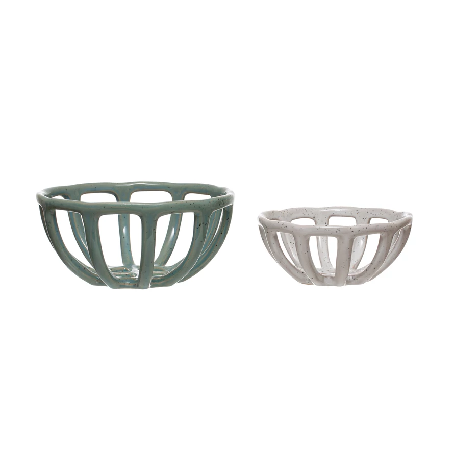 Handmade Stoneware Basket Bowls White and Green Set of 2