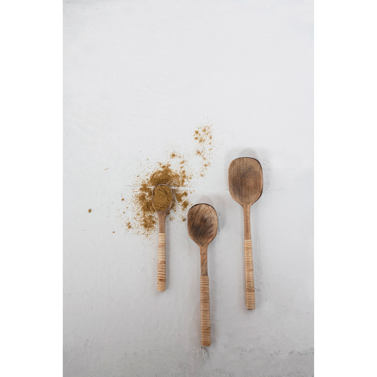Mango Wood Spoons with Bamboo Wrapped Handles, Set of 3 in Printed Drawstring Bag