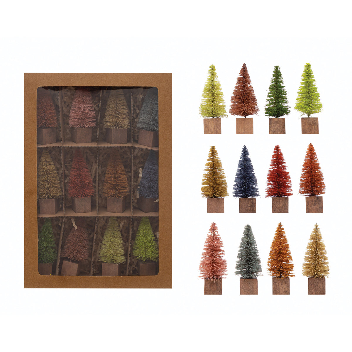 3&quot;H Bottle Brush Trees with Wood Base, Multi Color, Boxed Set of 12